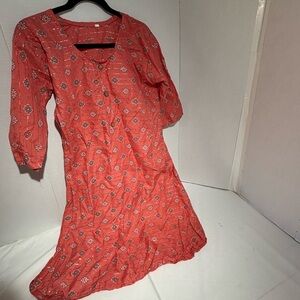 Girls Coral Print Midi Dress - Lightweight, Casual with Wooden Buttons Sz XXL